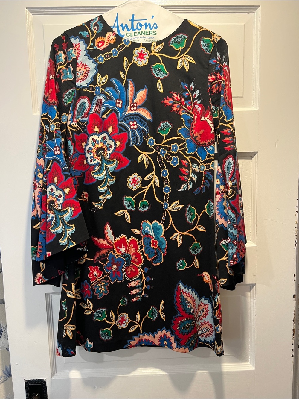 Alice + Olivia Black Mini Dress with Red Blue Green Floral Print
